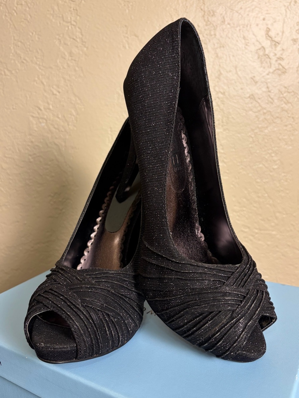 Peep Toe Black Shimmer Women's Evening Heels
